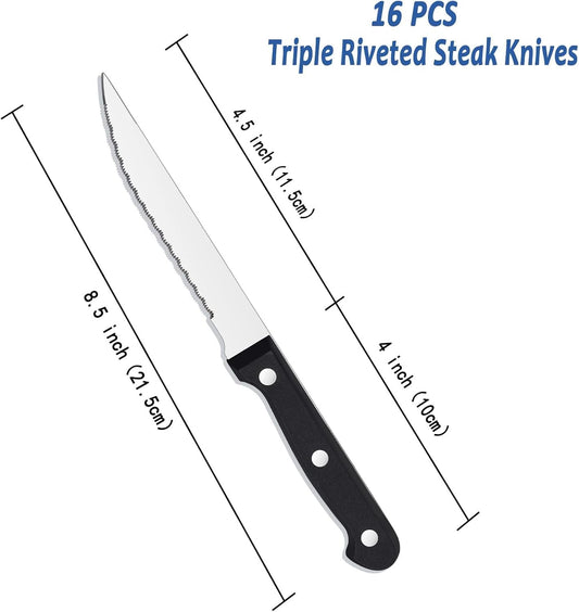 Steak Knives Set of 16 - Triple Rivet Steak Knife, Serrated Steak Knives, Stainless Steel Serrated Blades (4.5”), Sharp Knifes, Dinner Knives, Dishwasher Safe, Knives Set for Home, Restaurant