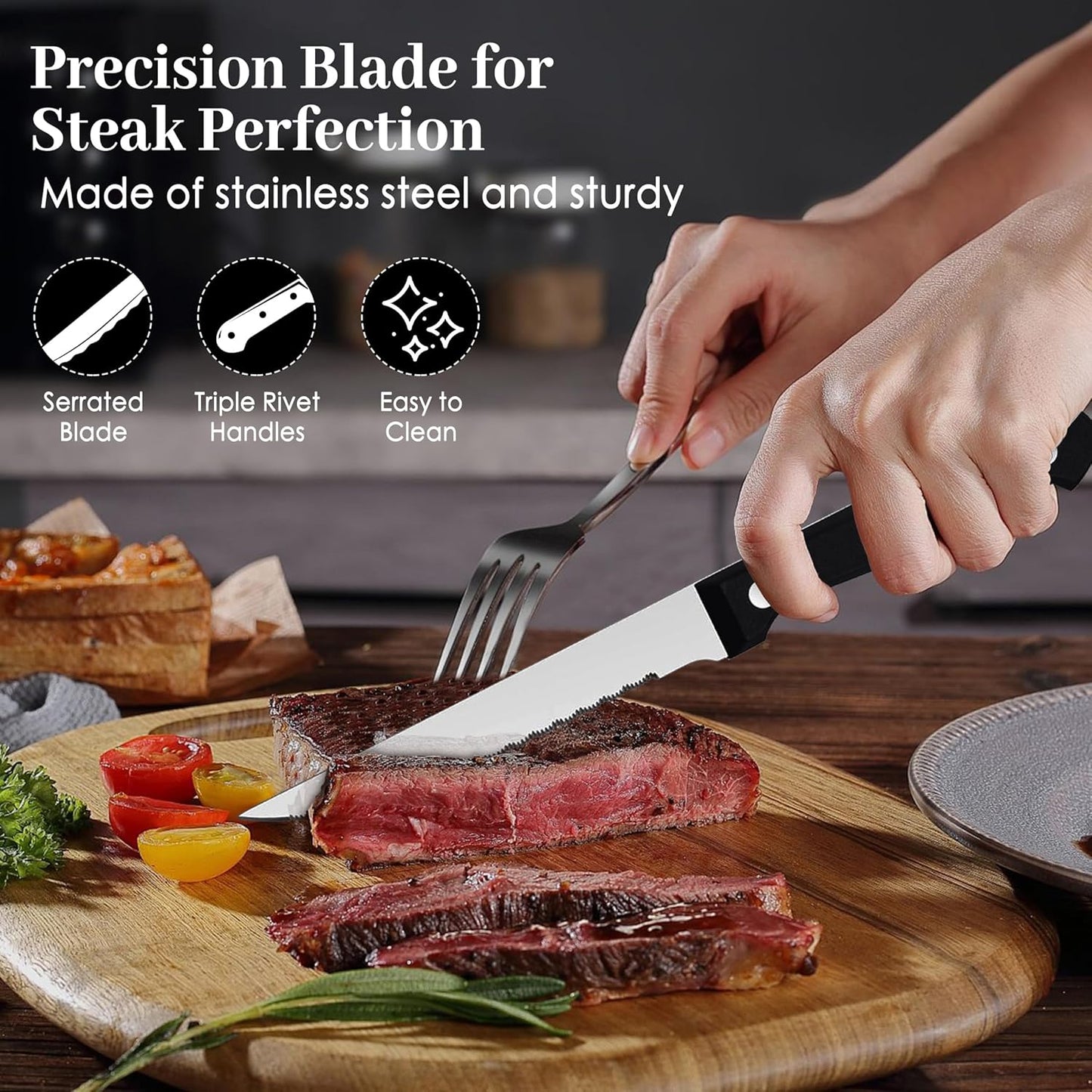 Steak Knives Set of 16 - Triple Rivet Steak Knife, Serrated Steak Knives, Stainless Steel Serrated Blades (4.5”), Sharp Knifes, Dinner Knives, Dishwasher Safe, Knives Set for Home, Restaurant