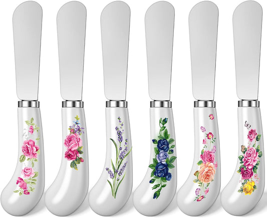 6 Pack Cheese Spreaders bulk 4.95" Stainless Steel Butter Knife with Ceramic Handle for Jam, Pastry, Butter Knife - Holiday Silverware & Festive Kitchen Cutlery(Flowers)