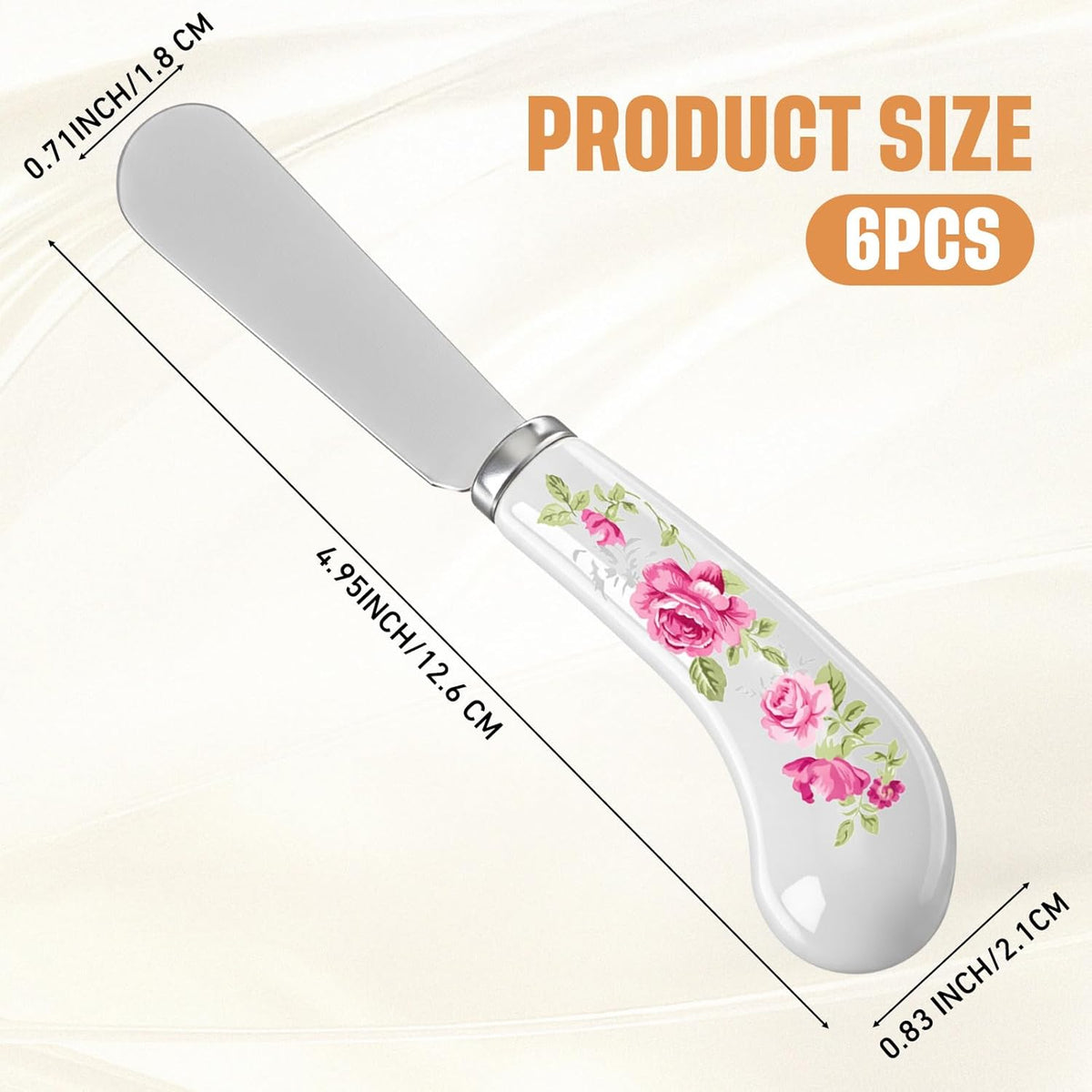 6 Pack Cheese Spreaders bulk 4.95" Stainless Steel Butter Knife with Ceramic Handle for Jam, Pastry, Butter Knife - Holiday Silverware & Festive Kitchen Cutlery(Flowers)
