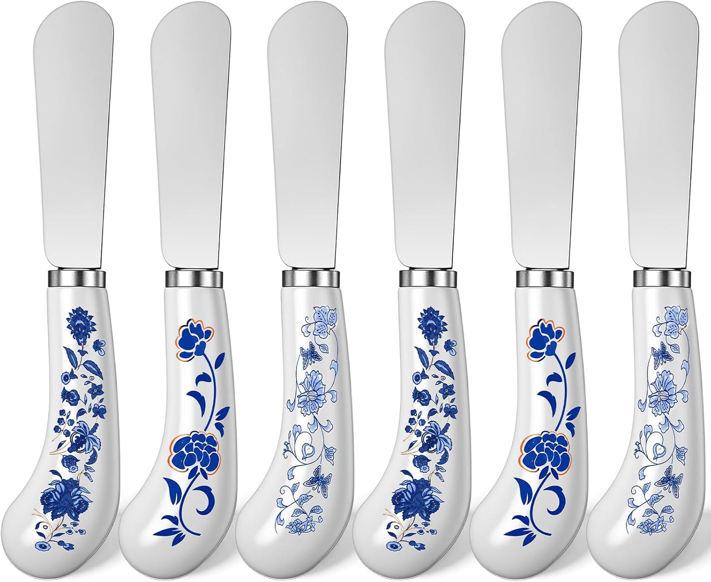 6 Pack Cheese Spreaders bulk 4.95" Stainless Steel Butter Knife with Ceramic Handle for Jam, Pastry, Butter Knife - Holiday Silverware & Festive Kitchen Cutlery(Flowers)