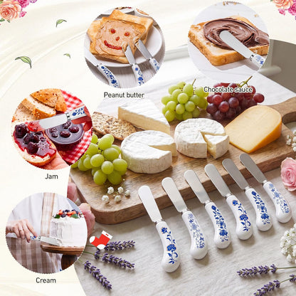 6 Pack Cheese Spreaders bulk 4.95" Stainless Steel Butter Knife with Ceramic Handle for Jam, Pastry, Butter Knife - Holiday Silverware & Festive Kitchen Cutlery(Flowers)