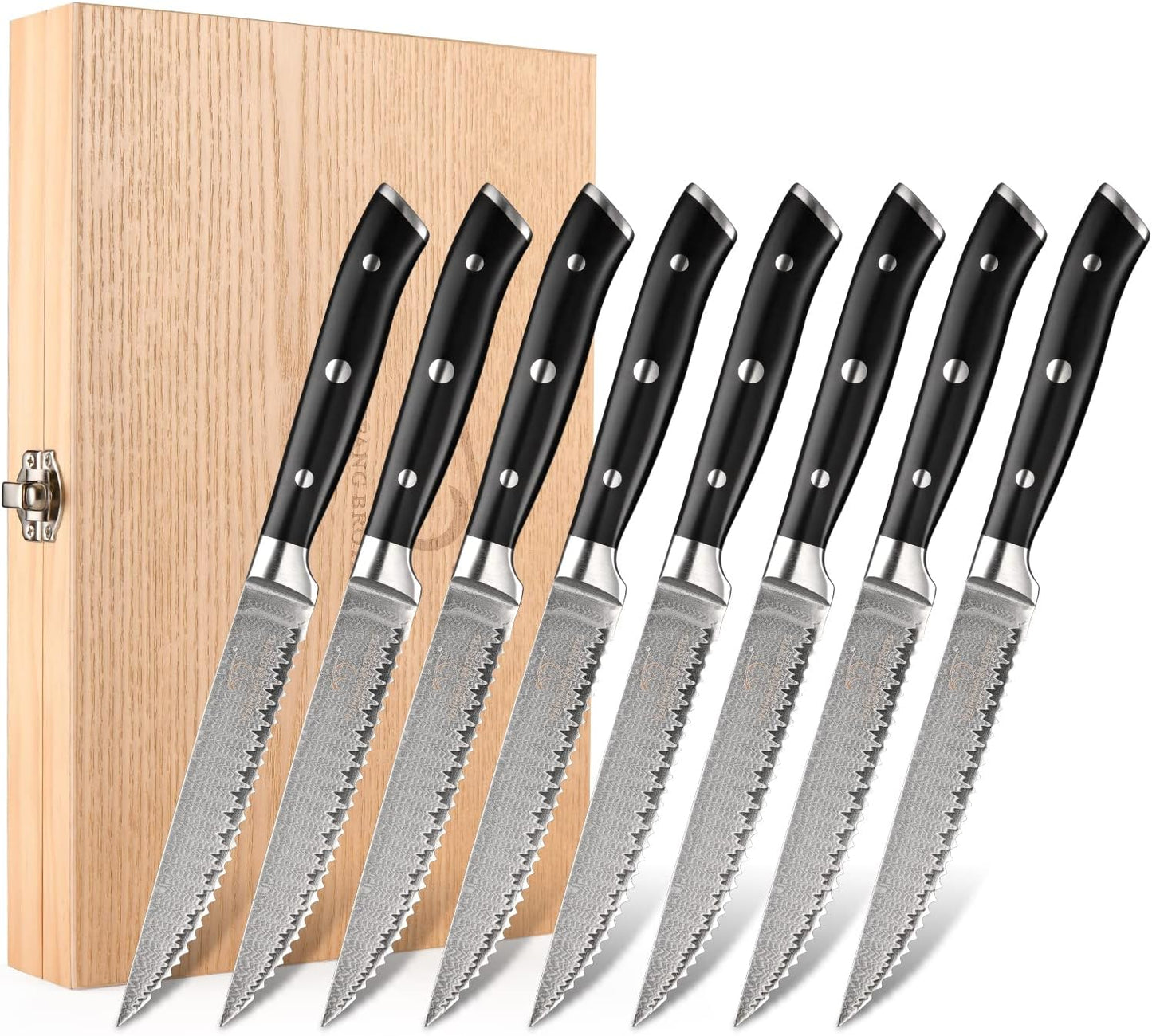 Steak Knife Set of 8, Damascus VG10 Steel Serrated Steak Knives 5-Inch - Triple Rivet ABS Handles with Wooden Case