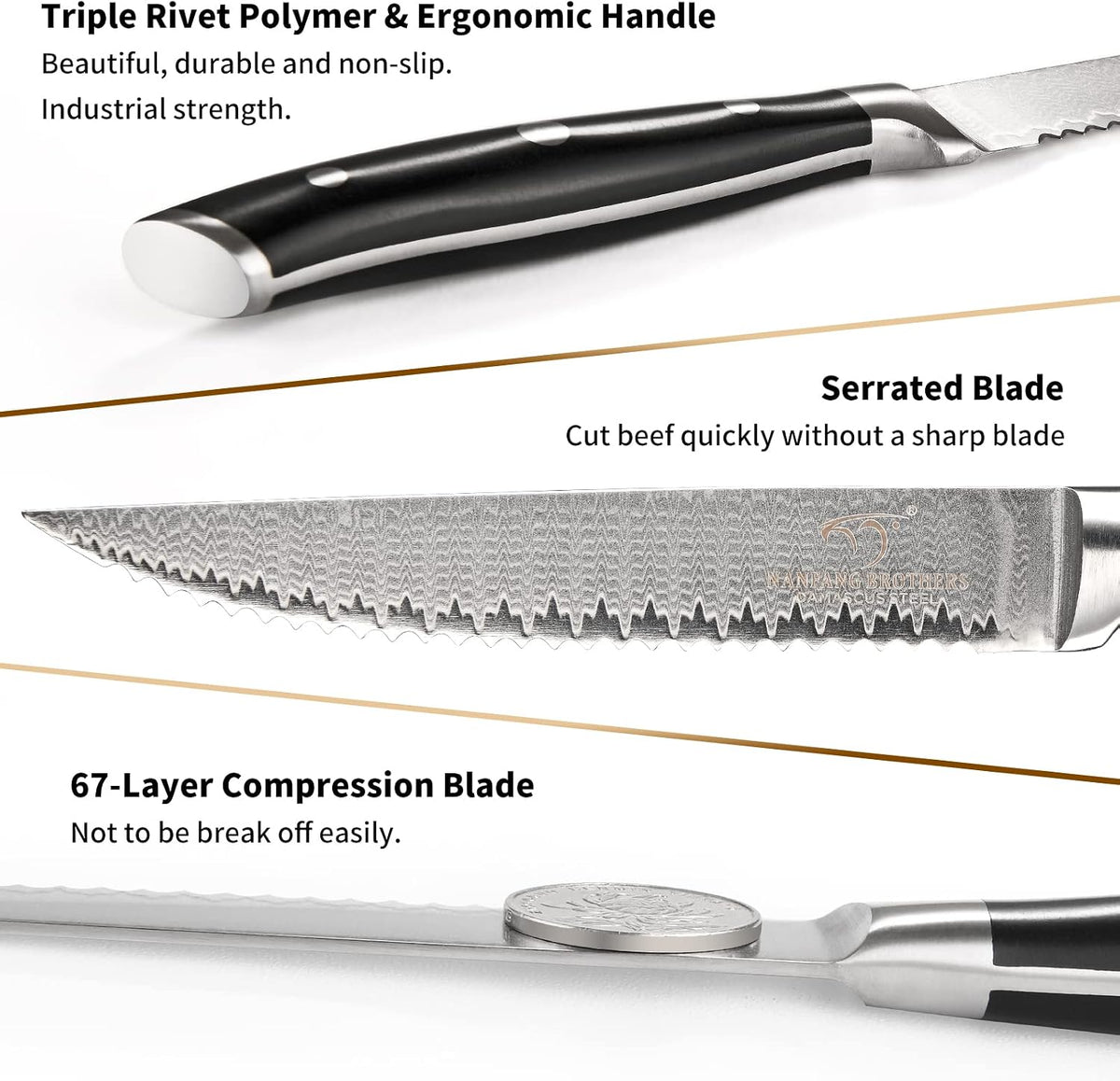 Steak Knife Set of 8, Damascus VG10 Steel Serrated Steak Knives 5-Inch - Triple Rivet ABS Handles with Wooden Case