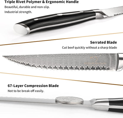 Steak Knife Set of 8, Damascus VG10 Steel Serrated Steak Knives 5-Inch - Triple Rivet ABS Handles with Wooden Case