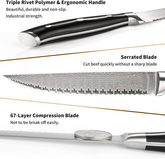 Steak Knife Set of 8, Damascus VG10 Steel Serrated Steak Knives 5-Inch - Triple Rivet ABS Handles with Wooden Case