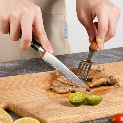 Steak Knife Set of 8, Damascus VG10 Steel Serrated Steak Knives 5-Inch - Triple Rivet ABS Handles with Wooden Case