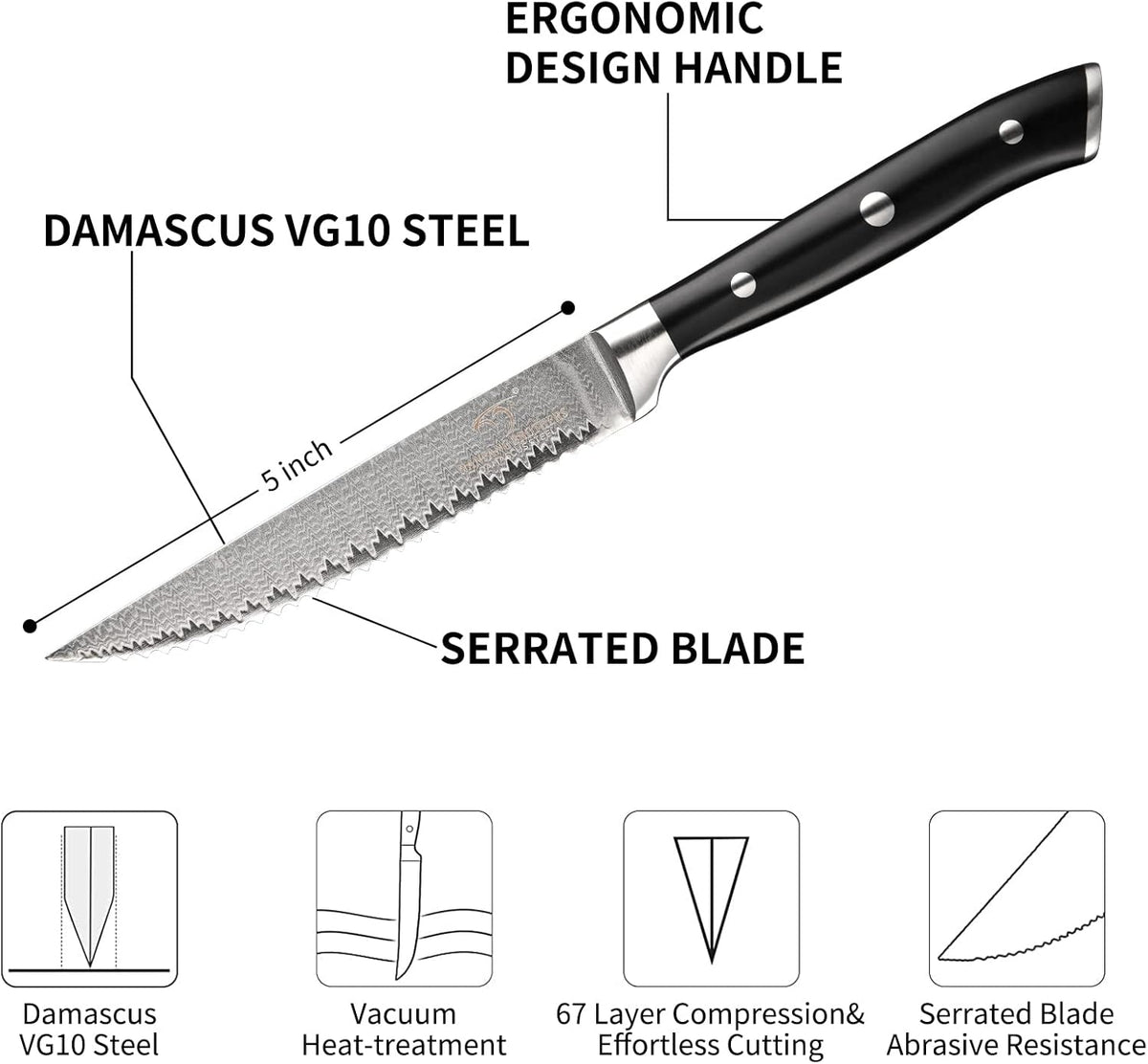 Steak Knife Set of 8, Damascus VG10 Steel Serrated Steak Knives 5-Inch - Triple Rivet ABS Handles with Wooden Case