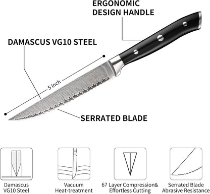 Steak Knife Set of 8, Damascus VG10 Steel Serrated Steak Knives 5-Inch - Triple Rivet ABS Handles with Wooden Case