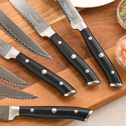 Steak Knife Set of 8, Damascus VG10 Steel Serrated Steak Knives 5-Inch - Triple Rivet ABS Handles with Wooden Case