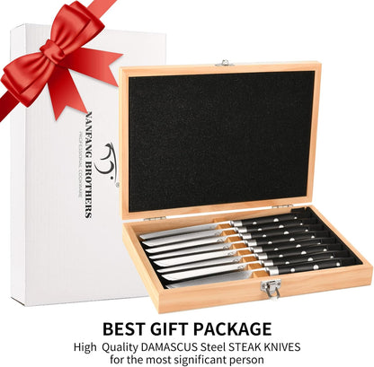 Steak Knife Set of 8, Damascus VG10 Steel Serrated Steak Knives 5-Inch - Triple Rivet ABS Handles with Wooden Case