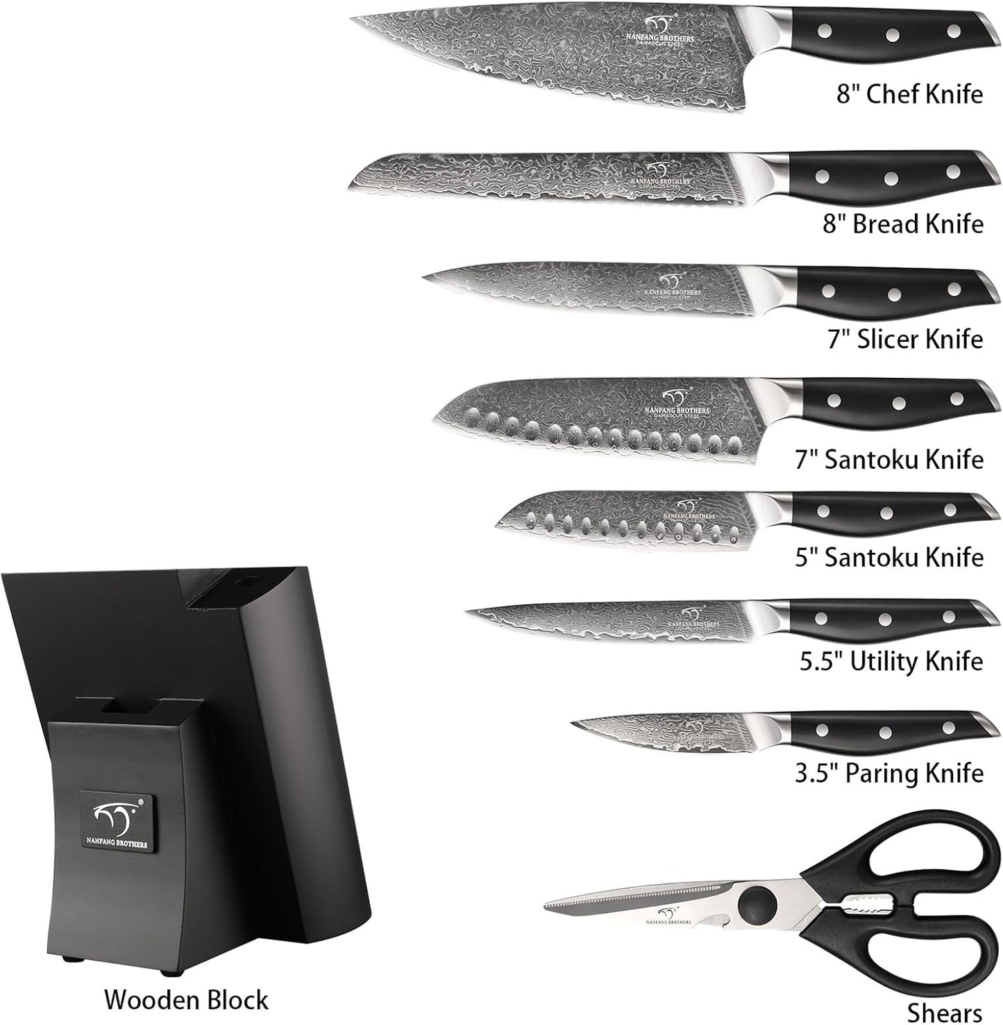 Steak Knife Set of 8, Damascus VG10 Steel Serrated Steak Knives 5-Inch - Triple Rivet ABS Handles with Wooden Case