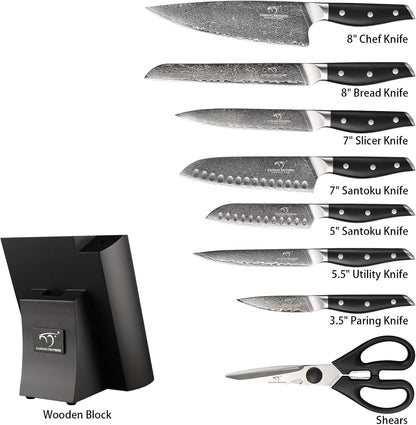 Steak Knife Set of 8, Damascus VG10 Steel Serrated Steak Knives 5-Inch - Triple Rivet ABS Handles with Wooden Case
