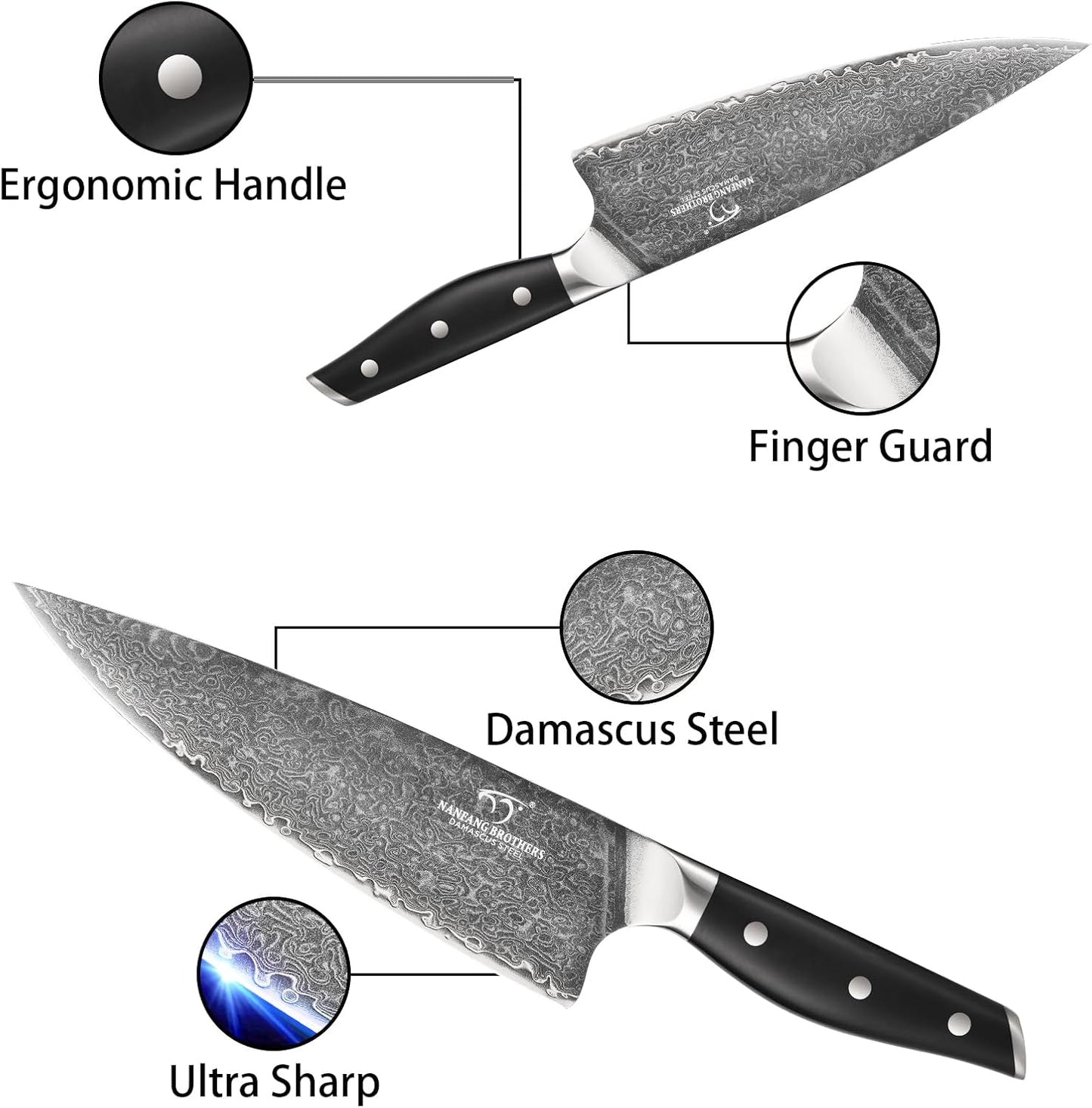 Steak Knife Set of 8, Damascus VG10 Steel Serrated Steak Knives 5-Inch - Triple Rivet ABS Handles with Wooden Case