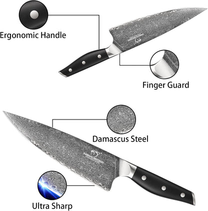 Steak Knife Set of 8, Damascus VG10 Steel Serrated Steak Knives 5-Inch - Triple Rivet ABS Handles with Wooden Case