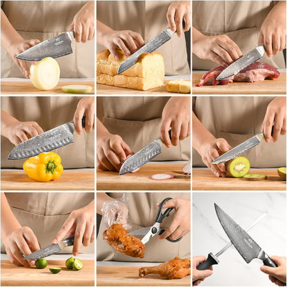 Steak Knife Set of 8, Damascus VG10 Steel Serrated Steak Knives 5-Inch - Triple Rivet ABS Handles with Wooden Case