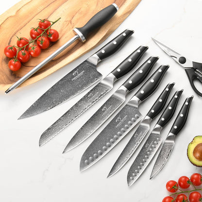 Steak Knife Set of 8, Damascus VG10 Steel Serrated Steak Knives 5-Inch - Triple Rivet ABS Handles with Wooden Case