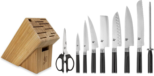 Classic 10 Piece Block Set | Includes 8" Chef, 6" Utility, 3.5" Paring, 7" Santoku Knife & More, Damascus Stainless Steel Cladding, Pakkawood Handle