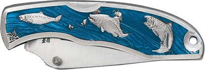 Salmon Hunting Knife | Stainless Steel With Fine Pewter Accent Details | Small Folding Knife for the Outdoors | Includes Belt Clip & Nylon Pouch
