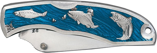Salmon Hunting Knife | Stainless Steel With Fine Pewter Accent Details | Small Folding Knife for the Outdoors | Includes Belt Clip & Nylon Pouch