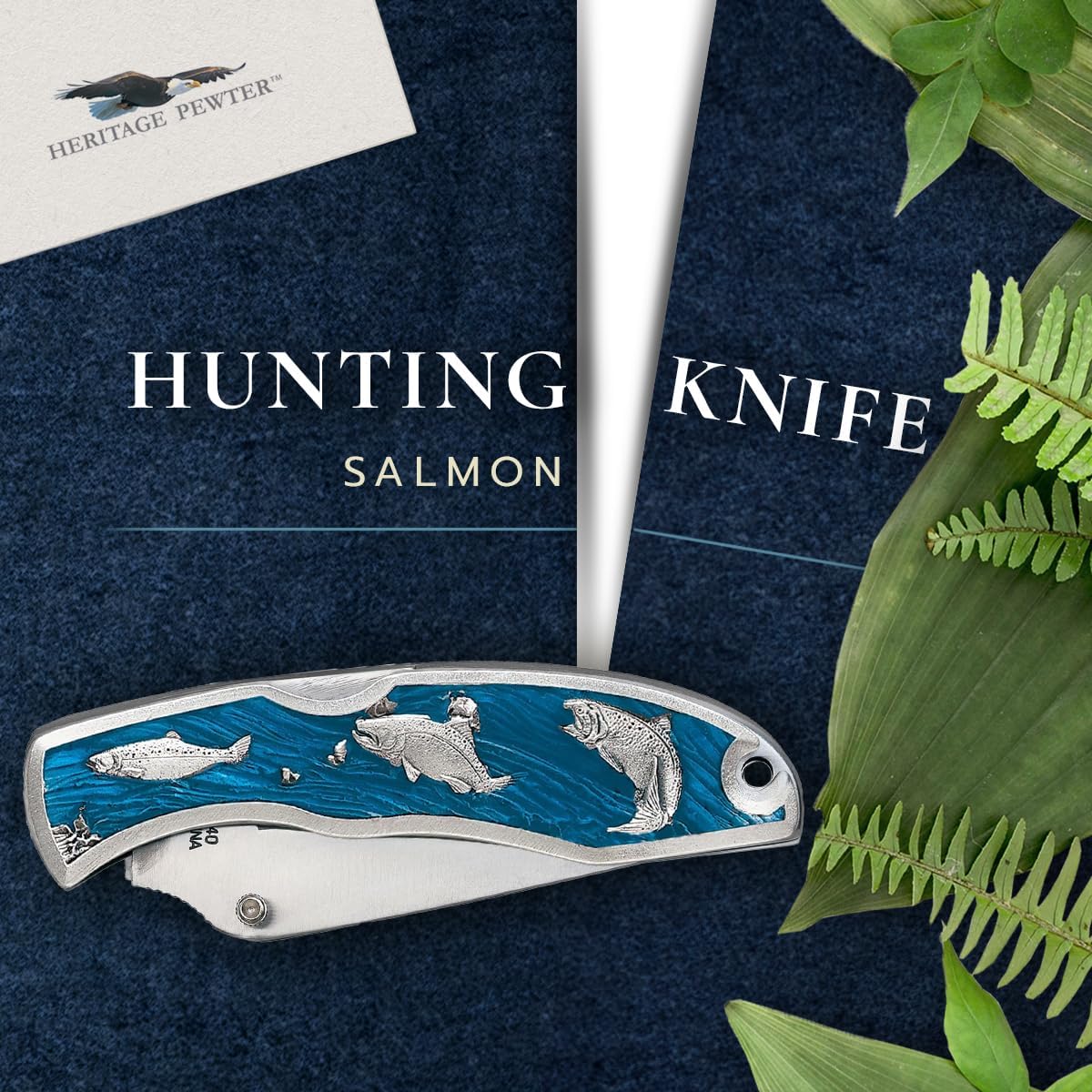 Salmon Hunting Knife | Stainless Steel With Fine Pewter Accent Details | Small Folding Knife for the Outdoors | Includes Belt Clip & Nylon Pouch