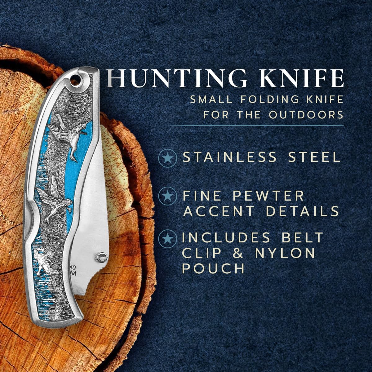 Salmon Hunting Knife | Stainless Steel With Fine Pewter Accent Details | Small Folding Knife for the Outdoors | Includes Belt Clip & Nylon Pouch