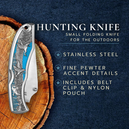 Salmon Hunting Knife | Stainless Steel With Fine Pewter Accent Details | Small Folding Knife for the Outdoors | Includes Belt Clip & Nylon Pouch