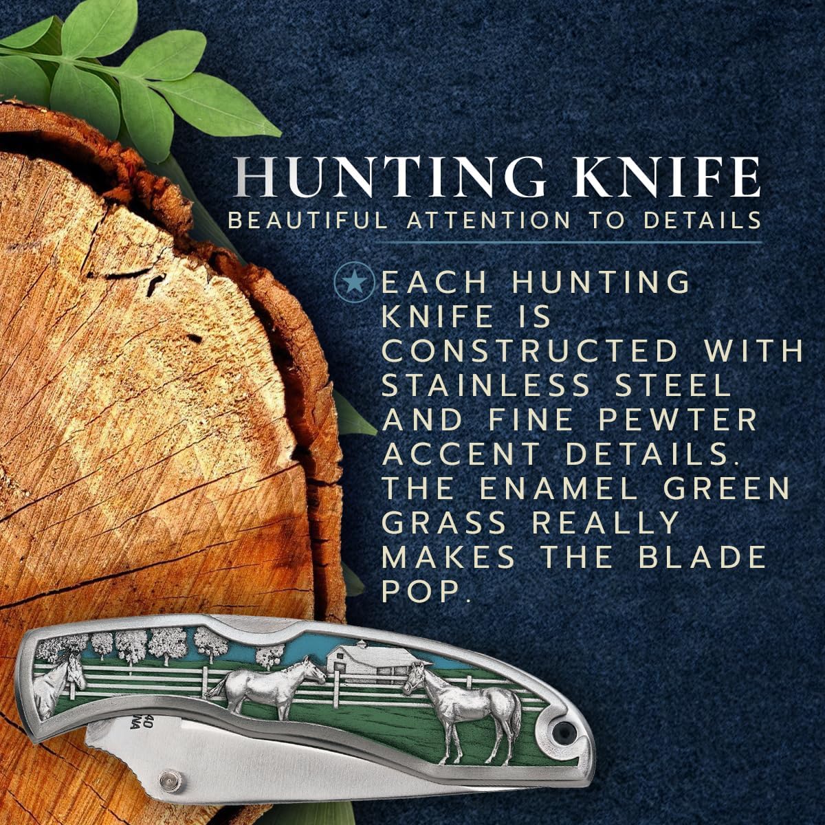 Salmon Hunting Knife | Stainless Steel With Fine Pewter Accent Details | Small Folding Knife for the Outdoors | Includes Belt Clip & Nylon Pouch