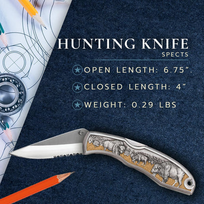 Salmon Hunting Knife | Stainless Steel With Fine Pewter Accent Details | Small Folding Knife for the Outdoors | Includes Belt Clip & Nylon Pouch