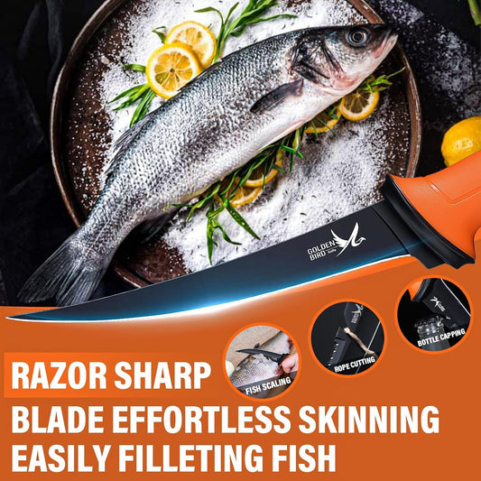 Golden Bird 6'' Fish Fillet Knife with Sheath | 5Cr15Mov Steel Boning Knives with Sharp Edge, Non-Slip Handles for Fishing, Camping, Hiking and Outdoors