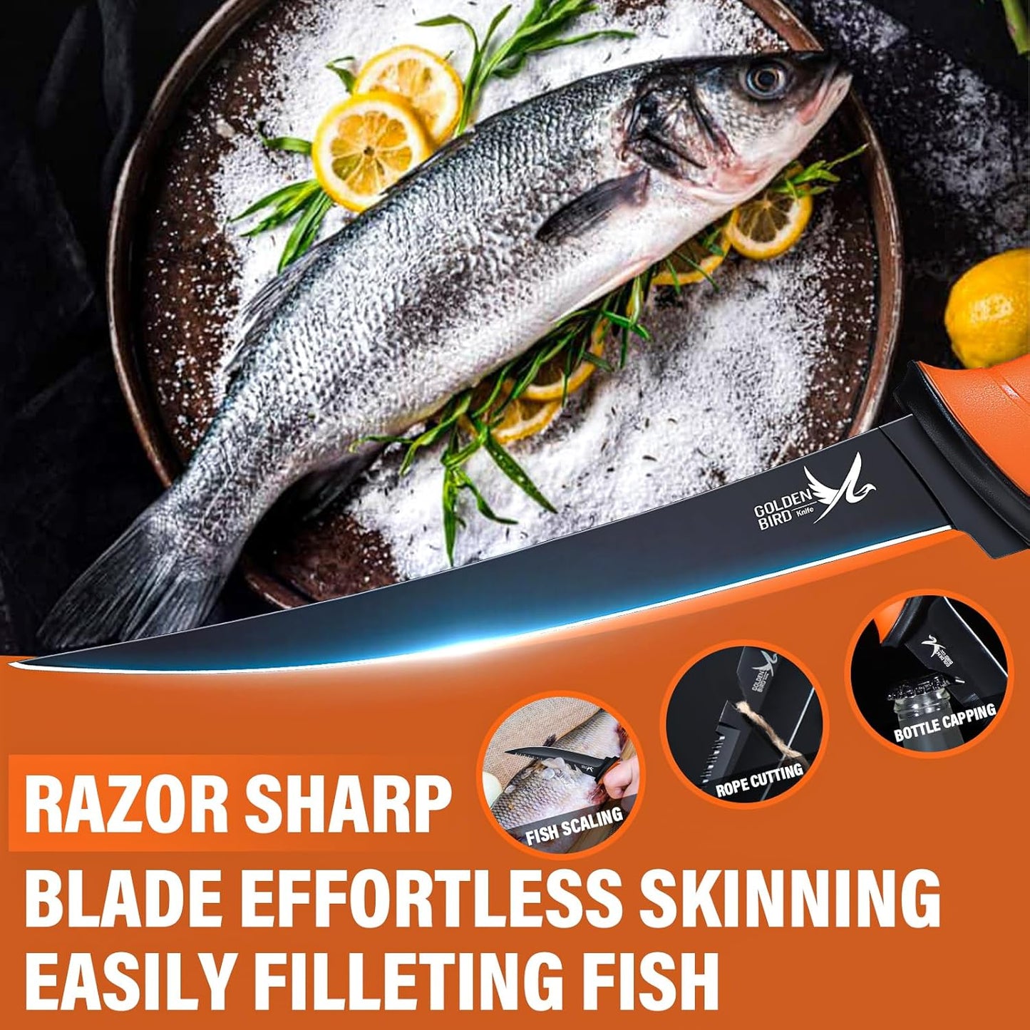 Golden Bird 6'' Fish Fillet Knife with Sheath | 5Cr15Mov Steel Boning Knives with Sharp Edge, Non-Slip Handles for Fishing, Camping, Hiking and Outdoors