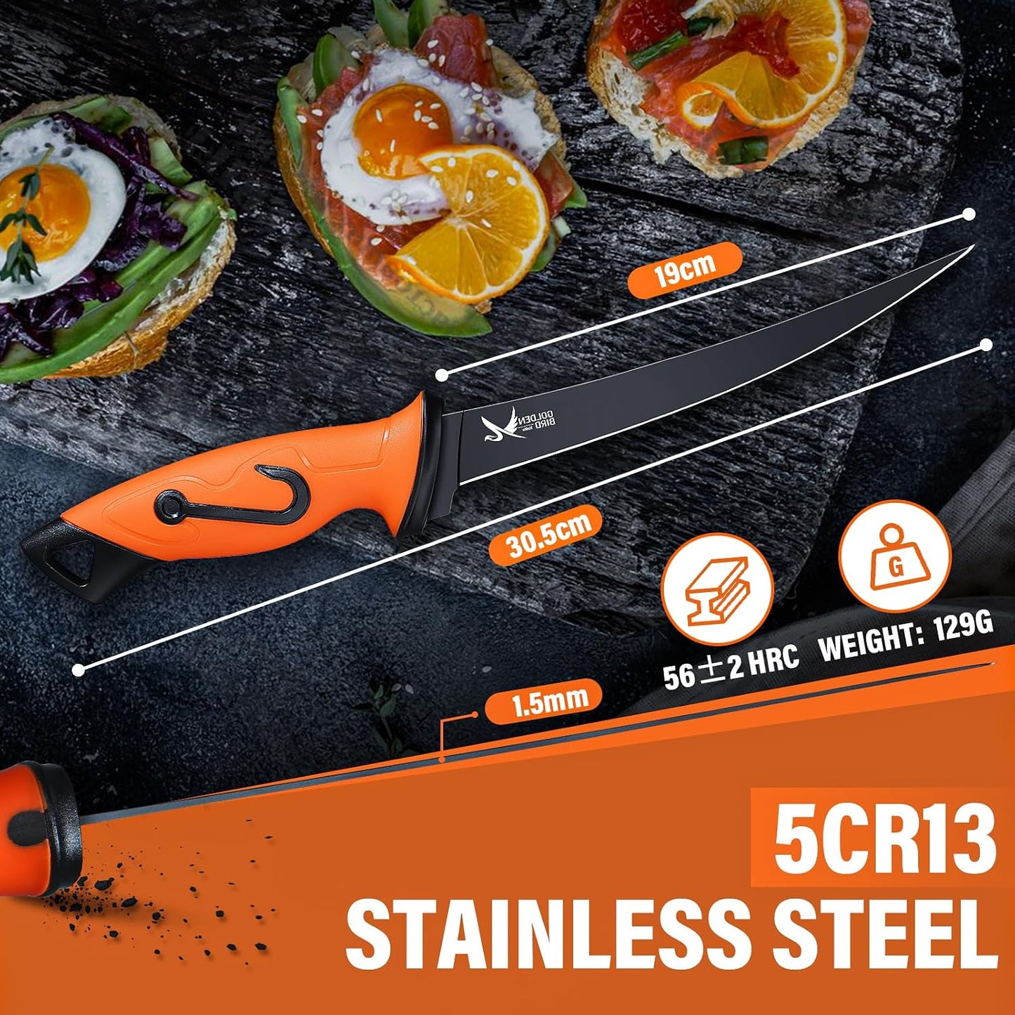 Golden Bird 6'' Fish Fillet Knife with Sheath | 5Cr15Mov Steel Boning Knives with Sharp Edge, Non-Slip Handles for Fishing, Camping, Hiking and Outdoors