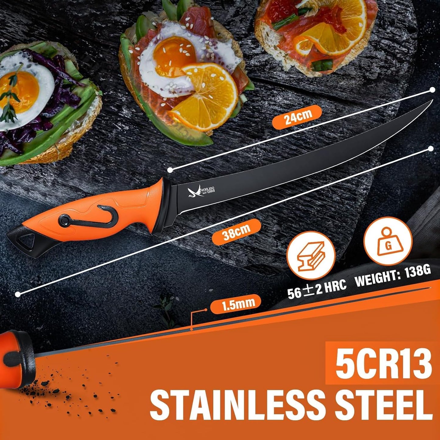 Golden Bird 6'' Fish Fillet Knife with Sheath | 5Cr15Mov Steel Boning Knives with Sharp Edge, Non-Slip Handles for Fishing, Camping, Hiking and Outdoors