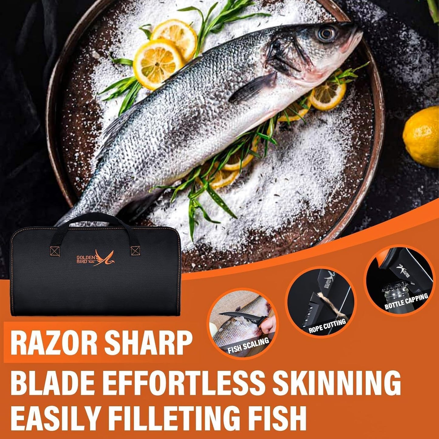 Golden Bird 6'' Fish Fillet Knife with Sheath | 5Cr15Mov Steel Boning Knives with Sharp Edge, Non-Slip Handles for Fishing, Camping, Hiking and Outdoors