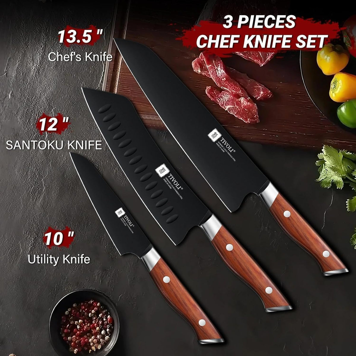 Chef Knife Set, Professional 5PC Ultra Sharp Knife Set | German High Carbon Stainless Steel, Full Tang Ergonomic Wood Handle, Gift Box, Stain Resistant & Easy to Clean, for Cooking