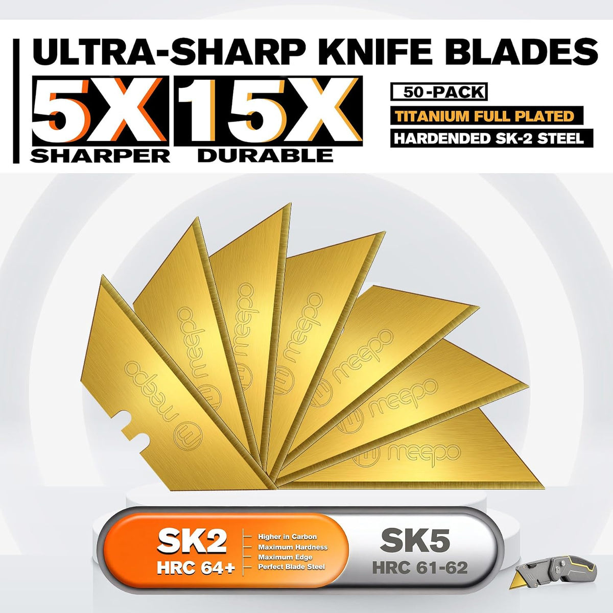 50-Pack Utility Knife Blades, Titanium Fully Plated, Durable SK-2 Razor Blades for Utility Knife Box Cutter, Never Rust, Extra Durable