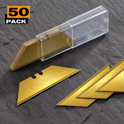 50-Pack Utility Knife Blades, Titanium Fully Plated, Durable SK-2 Razor Blades for Utility Knife Box Cutter, Never Rust, Extra Durable