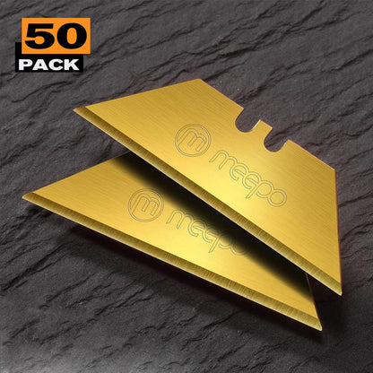50-Pack Utility Knife Blades, Titanium Fully Plated, Durable SK-2 Razor Blades for Utility Knife Box Cutter, Never Rust, Extra Durable