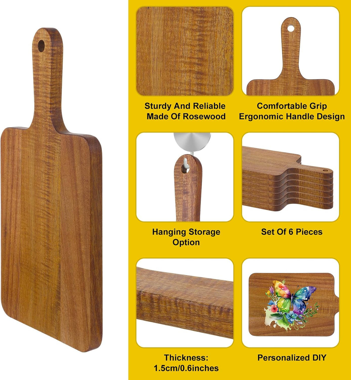6 Packs Acacia Wood Cutting Board Bulk,12" x 6" Plain Chopping Cutting Board board with Handle,Blank Wooden Charcuterie Boards for Vegetables Meat Pizza Cheese Fruit Bread
