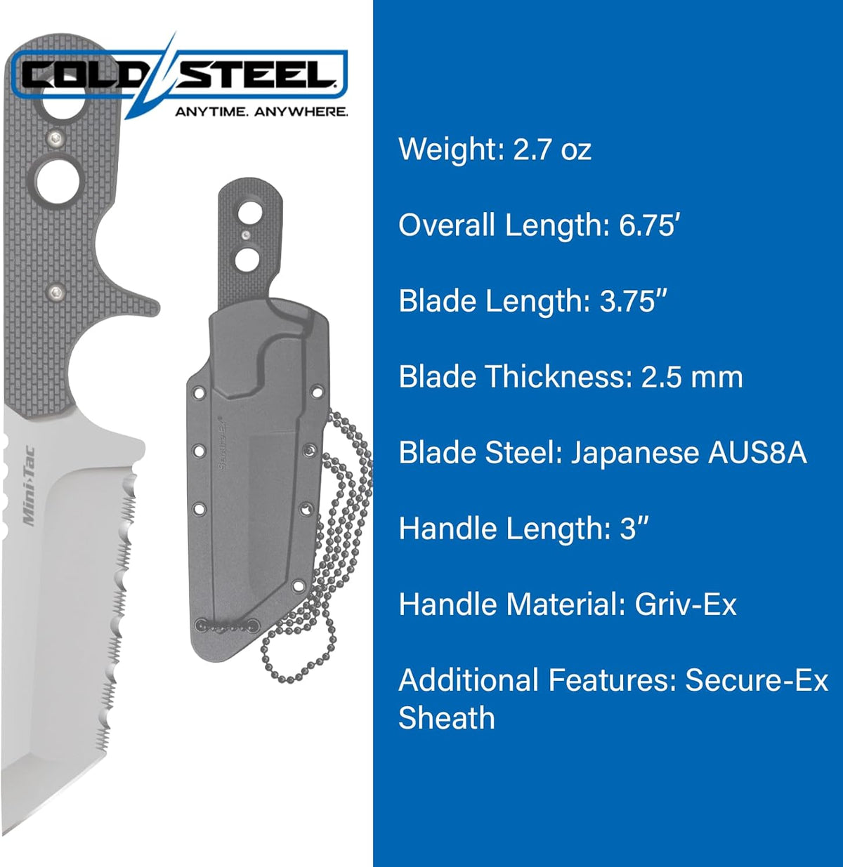 COLD STEEL Mini Tac Tanto 3.75" AUS8A Razor-Sharp Blade 3" Griv-Ex Handle Tactical Fixed Blade Neck Knife w/Secure-Ex Sheath