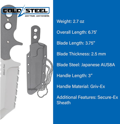 COLD STEEL Mini Tac Tanto 3.75" AUS8A Razor-Sharp Blade 3" Griv-Ex Handle Tactical Fixed Blade Neck Knife w/Secure-Ex Sheath