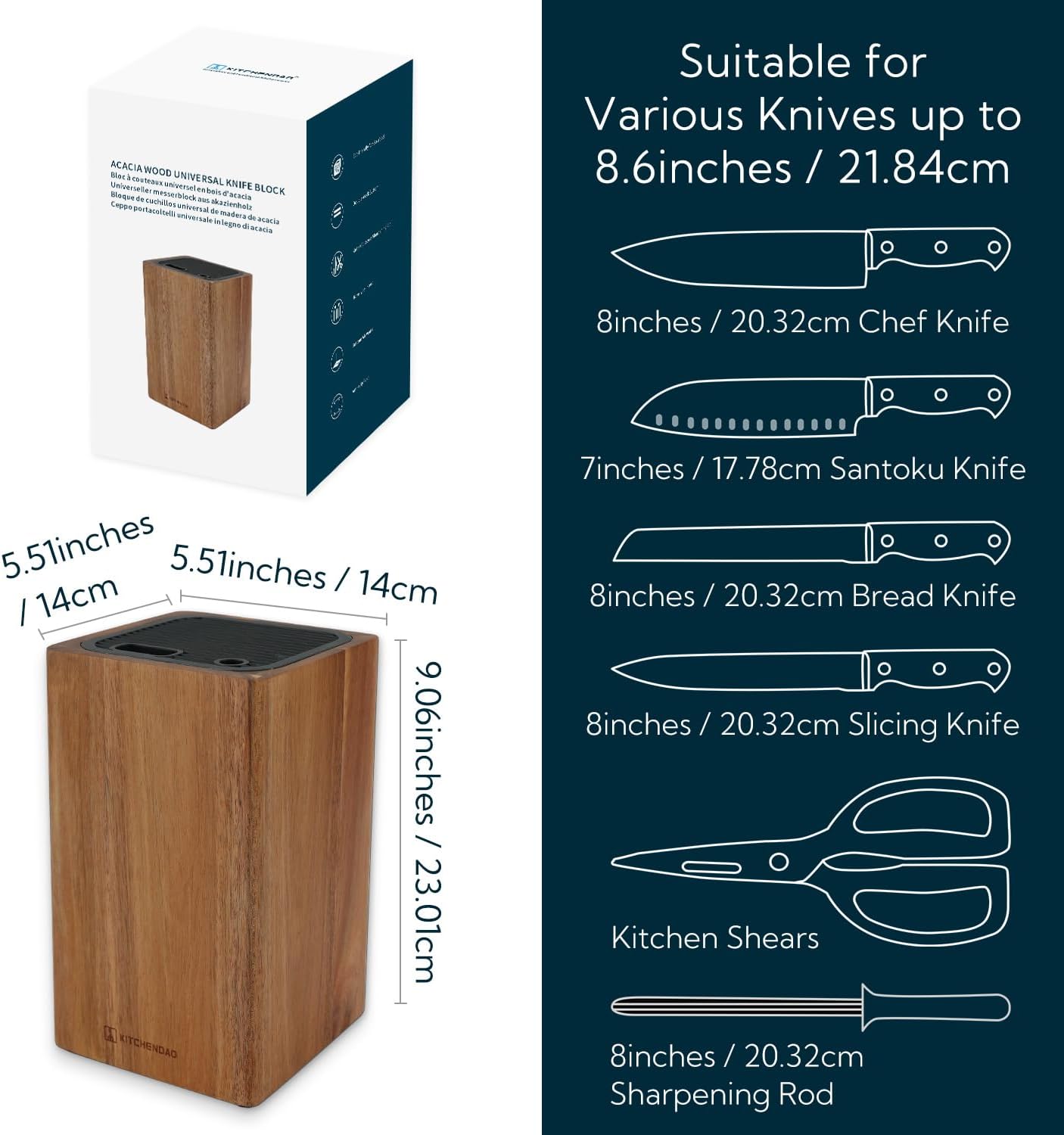 Deluxe Universal Knife Block with Slots for Scissors and Sharpening Rod - Acacia Wood Knife Block For Safe, Space Saver Knives Storage - Unique Slot Design to Protect Blades