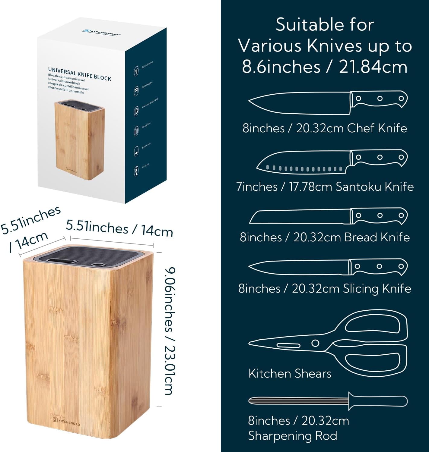 Deluxe Universal Knife Block with Slots for Scissors and Sharpening Rod - Acacia Wood Knife Block For Safe, Space Saver Knives Storage - Unique Slot Design to Protect Blades