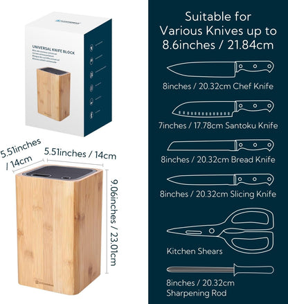 Deluxe Universal Knife Block with Slots for Scissors and Sharpening Rod - Acacia Wood Knife Block For Safe, Space Saver Knives Storage - Unique Slot Design to Protect Blades