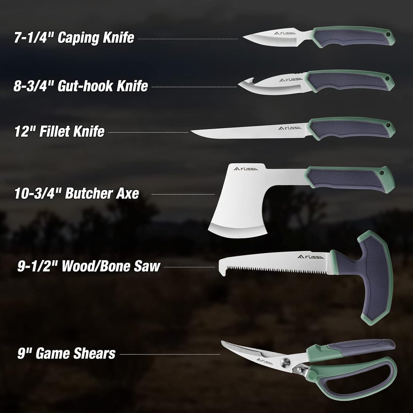 10 Piece Hunting Field Dressing Kit with Portable Storage Case | Green, Deer, Fishing, Camping, Survival