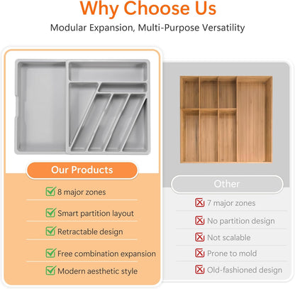 Silverware Organizer - Expandable Kitchen Drawer Organizer Cutlery Drawer Organizer Flatware Organizer for Drawer Utensil Tray for Kitchen Plastic Silverware Holder for Spoons Knives Forks
