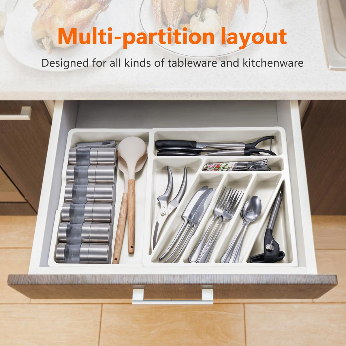 Silverware Organizer - Expandable Kitchen Drawer Organizer Cutlery Drawer Organizer Flatware Organizer for Drawer Utensil Tray for Kitchen Plastic Silverware Holder for Spoons Knives Forks