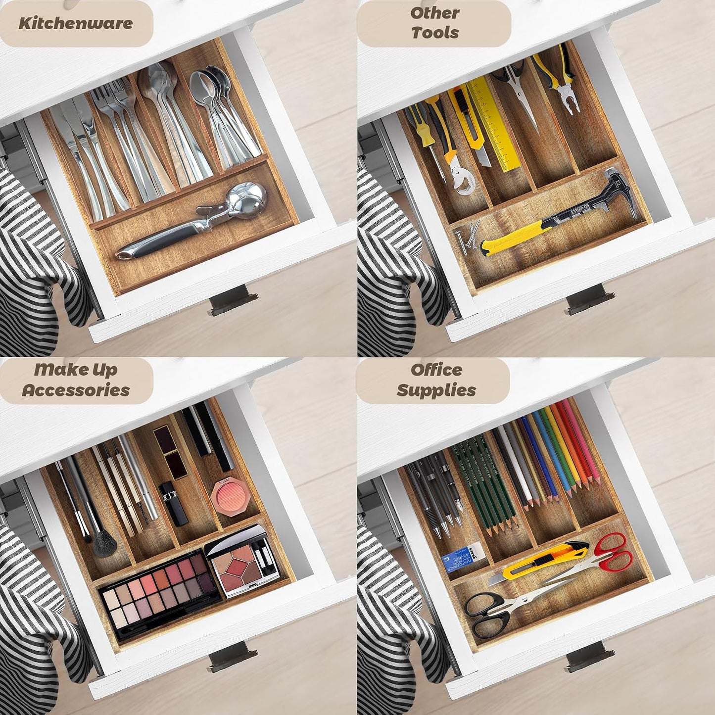 Acacia Wood Silverware Organizer, Kitchen Utensil Drawer Organizer for Forks, Knives & Spoons, 5-Compartment Cutlery Tray, Flatware Holder