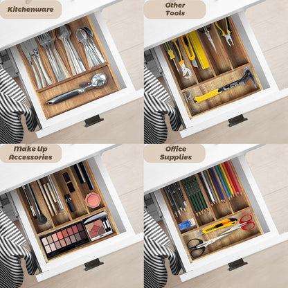 Acacia Wood Silverware Organizer, Kitchen Utensil Drawer Organizer for Forks, Knives & Spoons, 5-Compartment Cutlery Tray, Flatware Holder