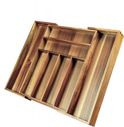 Acacia Wood Silverware Organizer, Kitchen Utensil Drawer Organizer for Forks, Knives & Spoons, 5-Compartment Cutlery Tray, Flatware Holder